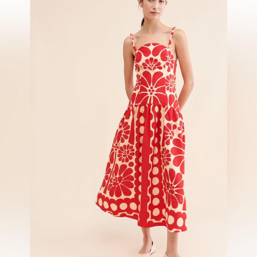 Red Floral Midi Sundress with Spaghetti Straps